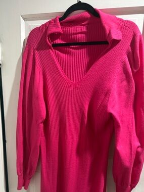 Vibrant Pink Ribbed V-Neck Women's Sweater Dress